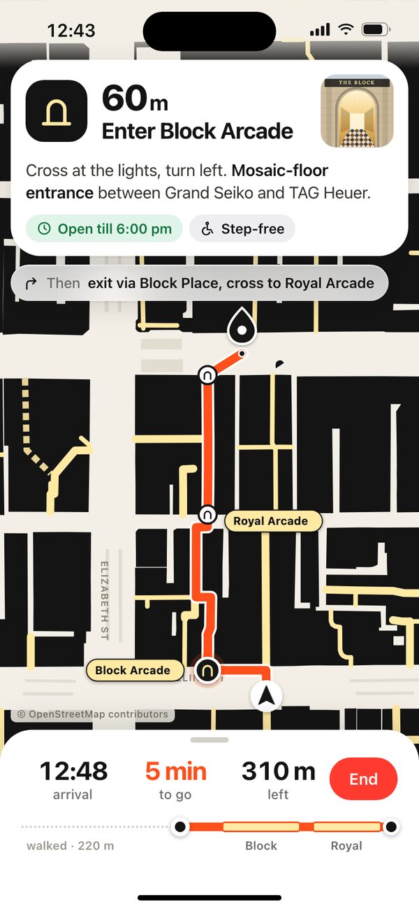 Walking screen: a card says in 60 metres enter Block Arcade, with a photo of the mosaic-floor entrance. The vermilion route ahead runs through two arcades.