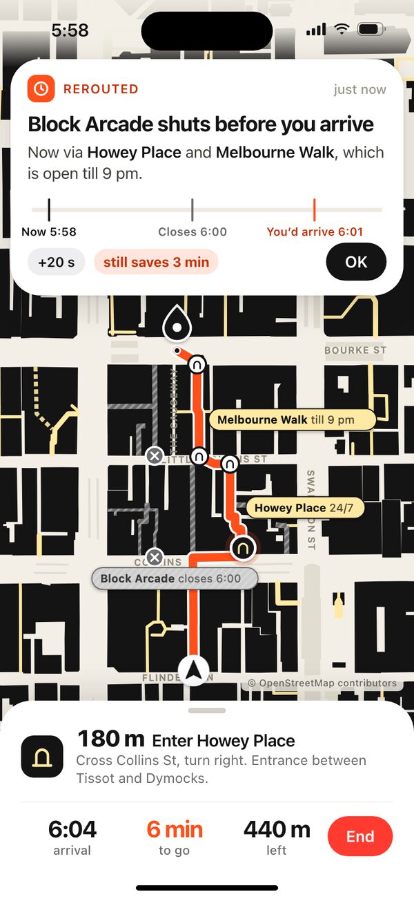 Reroute banner: Block Arcade shuts before you arrive, so the route goes via Howey Place and Melbourne Walk instead.